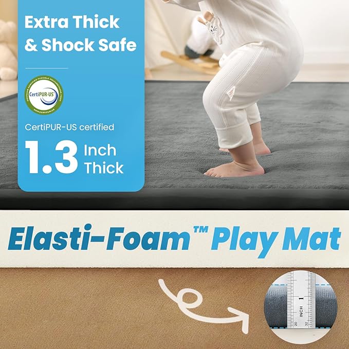 1.3" Thick Baby Play Mat for Floor, 39x59 Foam Tummy Time Mat, Padded Support Soft Plush Nursery Rug for Infant Kids Toddler Crawling Kick Activity (Dark Grey)