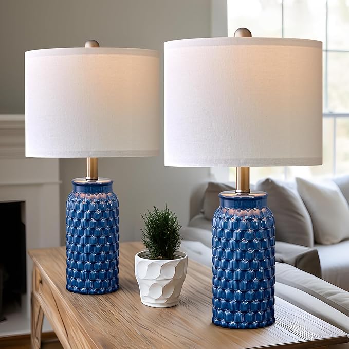 20.5 inches Modern Ceramic Dark Blue Bedside Lamp Set of 2 for Bedroom Decor Farmhouse Table Lamp for Living Room Office Dorm