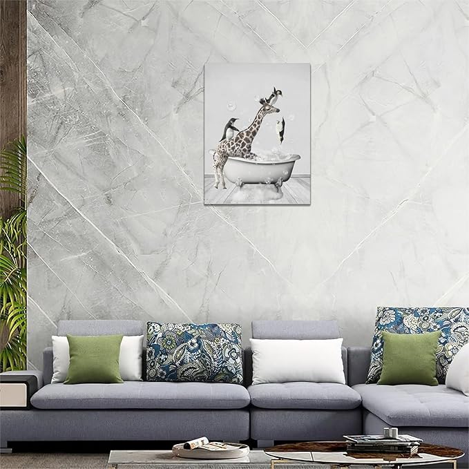 Funny Giraffe And Penguin Bathroom Wall Art - Kids Bathroom Wall Decor Animals In Bathtub Canvas Prints Artwork Paintings - Framed