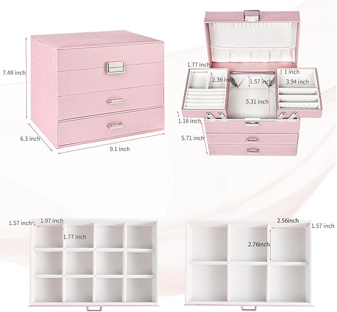 Dajasan Jewelry Boxes for Women Girls, Jewelry Storage Organizer, 4 Layers Large Jewelry Organizer Box with 2 Drawers for Friends, Wife or Mother Gift (Pink)