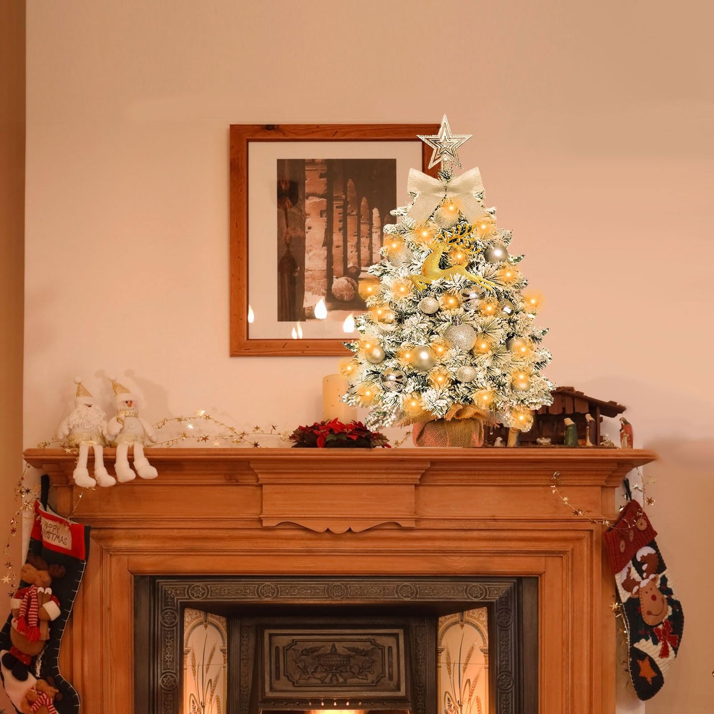 Mini Christmas Tree-with Lights,2ft Small Flocked Christmas Tree with 24pcs DIY Decorations,Small Flocked with LED Lights for Holiday Indoor DIY Decor