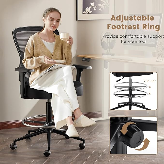 YFO Drafting Chair Tall Office Chair with 3D Armrest for Standing Desk, Mesh Ergonomic Office Chair Adjustable Height with Adjustable Lumbar Support and Footrest Ring, Black
