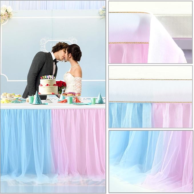Suppromo 14ft Pink and Blue Tulle Table Skirt for Boy or Girl Gender Reveal Decorations Tutu Table Clothes Cover for Baby Shower Birthday Party Wedding Cake Decorations