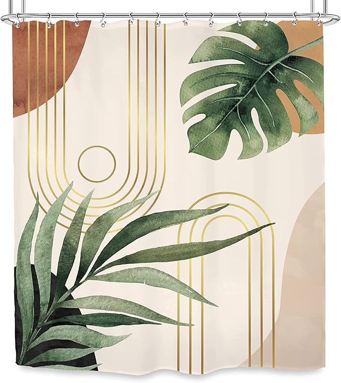 Glawry Abstract Extra Long Shower Curtain 72Wx84L Inches Tropical Leaf Mid Century Modern Geometric Contemporary Boho Bathroom Plant Botanical Bath Accessories Art Home Decor Fabric 12 Pack Hooks