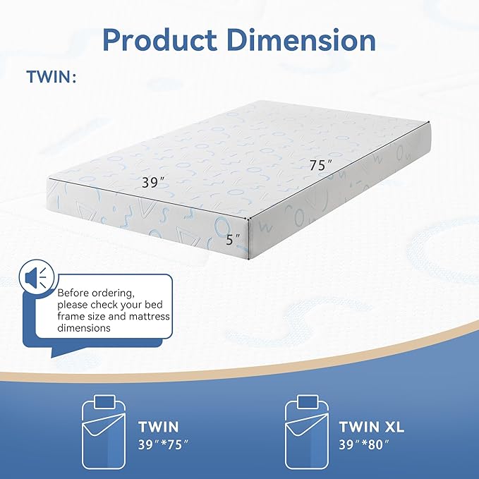 TwinXL Mattress 5 Inch for Kids, Memory Foam Mattress Medium Firm Relieve Pressure with Cooling Green Tea Gel, Mattresses in a Box Comfortable and Supportive No Fiberglass