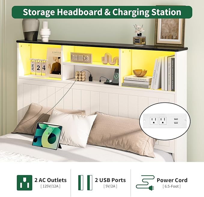 Yoobure Full Size Bed Frame with Headboard - Farmhouse Wood Bed Frames with 4 Storage Drawers, Platform Beds with Charging Station & LED Light, No Noise Double Bedframe, No Box Spring Needed, White