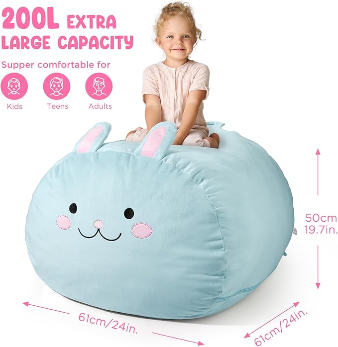 GAGAKU Stuffed Animal Bean Bag Cover Toy Storage, 24 Inches Kids BeanBag Crystal Blue Rabbit Large Zipper Bean Bag for Organizing Kids Plush Toys Home Supplies