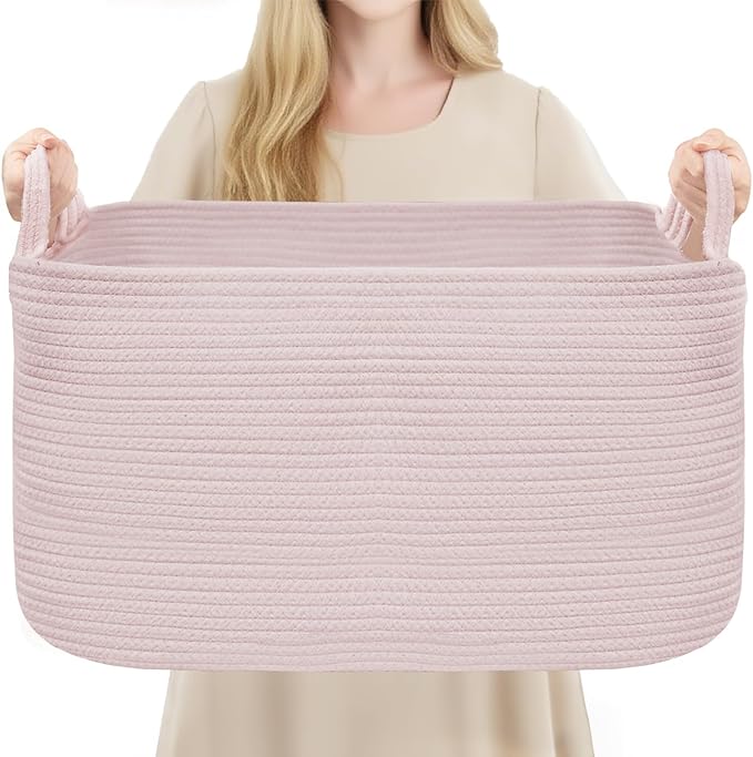 Large Laundry Hamper Blanket Basket，21.6''×14.9''×19.6'' Cotton Rope Woven Laundry Basket for Organizing, Rectangle Toy Basket for Living Room, Bedroom