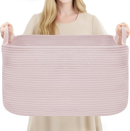 Large Laundry Hamper Blanket Basket，21.6''×14.9''×19.6'' Cotton Rope Woven Laundry Basket for Organizing, Rectangle Toy Basket for Living Room, Bedroom