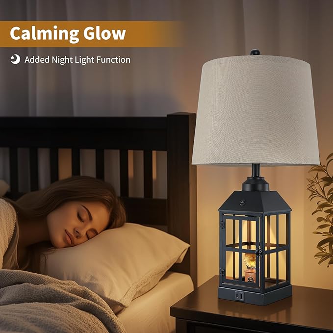 25" Farmhouse Table Lamp for Living Room, Black Lamp with USB Port and Nightlight, Rustic Table Lamp for Bedroom, Bedside Lamp for Nightstand, End Table, Home, Office, LED Bulb Included