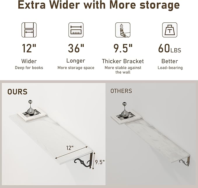 Deep Floating Shelves, 36" W x 12" D Wall Shelves Set of 2, Wide Display Shelf Wall Mounted with Brackets, Bookshelf for Living Room, Bathroom, Bedroom, White