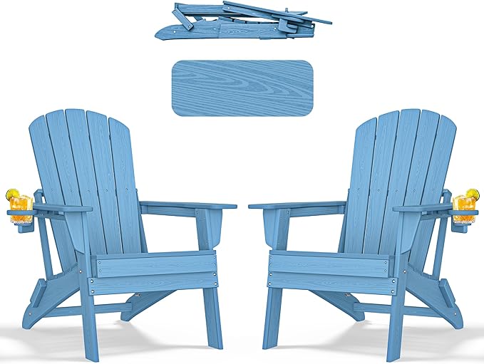 nevilywood Folding Adirondack Chair with Cup Holder Set of 2,All-Weather Adirondack Chair,Patio Chair,HDPE-Wooden Textured Lawn Chair- Light Blue