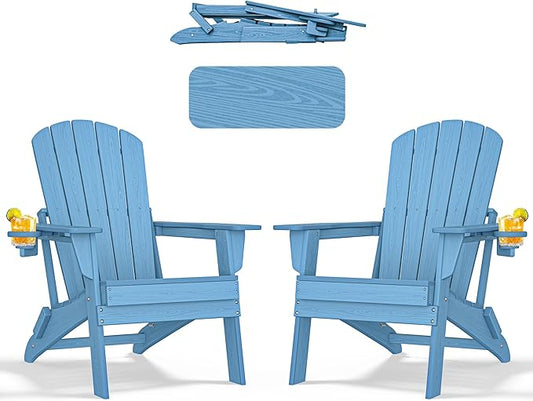 nevilywood Folding Adirondack Chair with Cup Holder Set of 2,All-Weather Adirondack Chair,Patio Chair,HDPE-Wooden Textured Lawn Chair- Light Blue