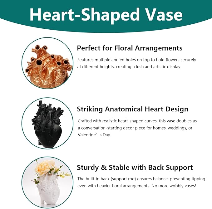 Heart Shaped Resin Vase - Anatomical Human Heart Flower Pot Planter, Nordic Modern Desktop Decor for Farmhouse Living Room, Bedroom, Valentine's Day Gift Home Decoration
