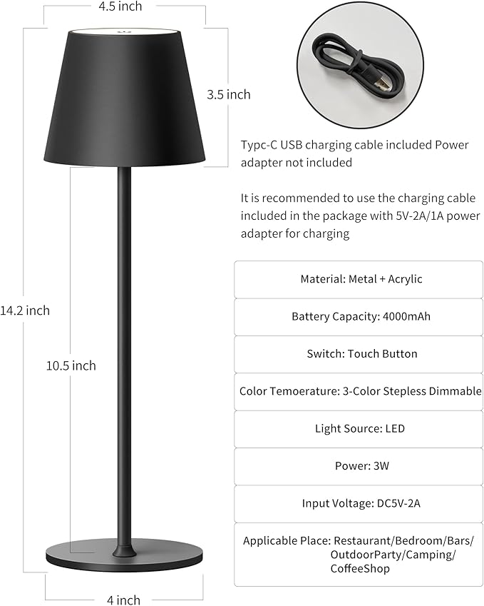 PUSU Cordless Rechargeable Table Lamp Set of 2, 4000mAh Battery Powered LED Desk Lamp, 3 Color Stepless Dimming Up, Portable Table Light Lamp for Bedroom Restaurant Outdoor (Black)