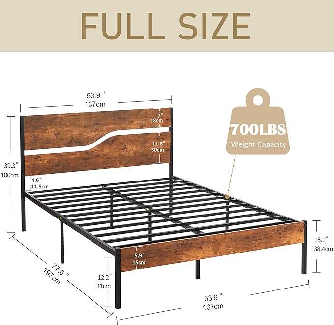 VECELO Full Size Bed Frame with Headboard Wood, Solid and Strong Metal Platform Support, No Box Spring Needed