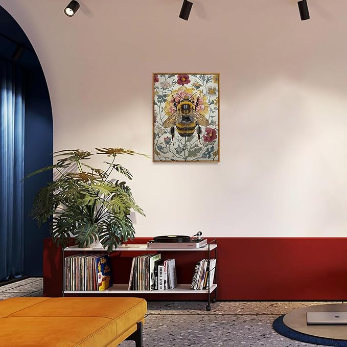 Djmwtb Framed Vintage Wall Art,Bee Wall Decor,Botanical Flower Wall Art,Nature Paintings Canvas Artwork Prints for Bedroom, Living Room 16x24in