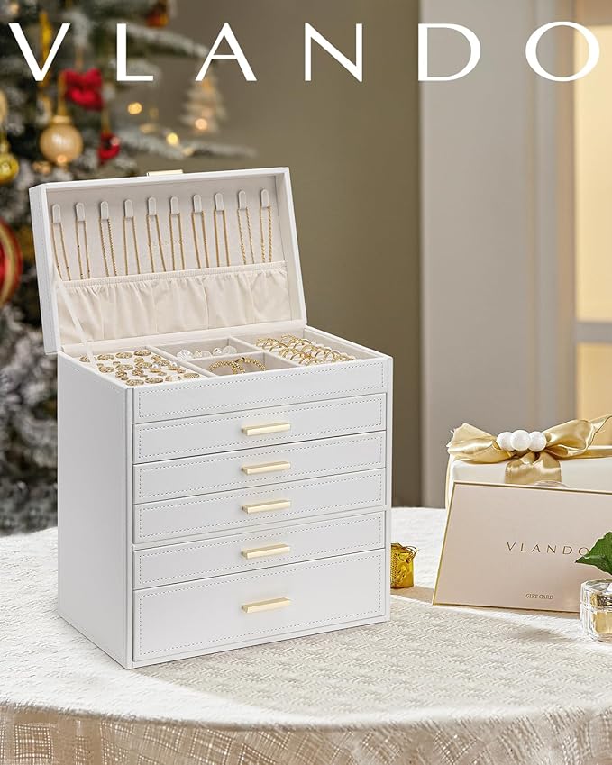 Vlando 6 Layer Large Jewelry Box - Jewelry Holder Organizer, Jewelry Box Organizer for Drawer Necklace Ring Bracelet and Watch, Birthday Gift for Loved Ones - White
