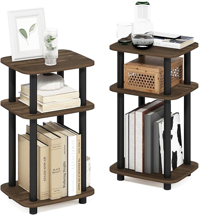 Furinno Just 3-Tier Turn-N-Tube Curve End Table, Side Table, 2-Pack, Columbia Walnut/Black
