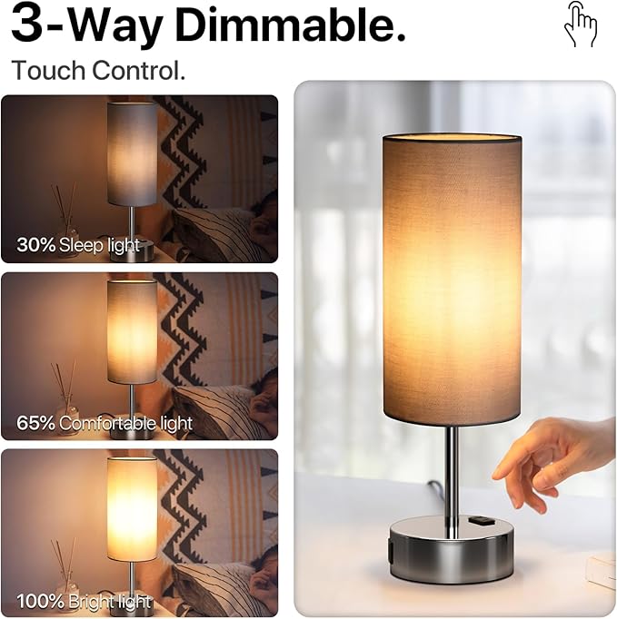 KPQ Small Bedside Lamp Touch Control Table Lamp with USB A+C Charging Ports & AC Outlet 3-Way Dimmable Nightstand Lamp with Linen Fabric Shade for Bedroom Living Room