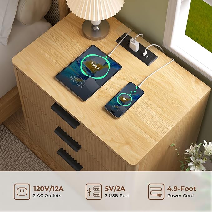 HOMMPA 24'' Fluted Nightstand with Charging Station, Modern Bedside Table with Storage, 3 Drawer End Table with Metal Handle, Wooden Bedside End Table for Bedroom, Living Room, Curved Profile Design