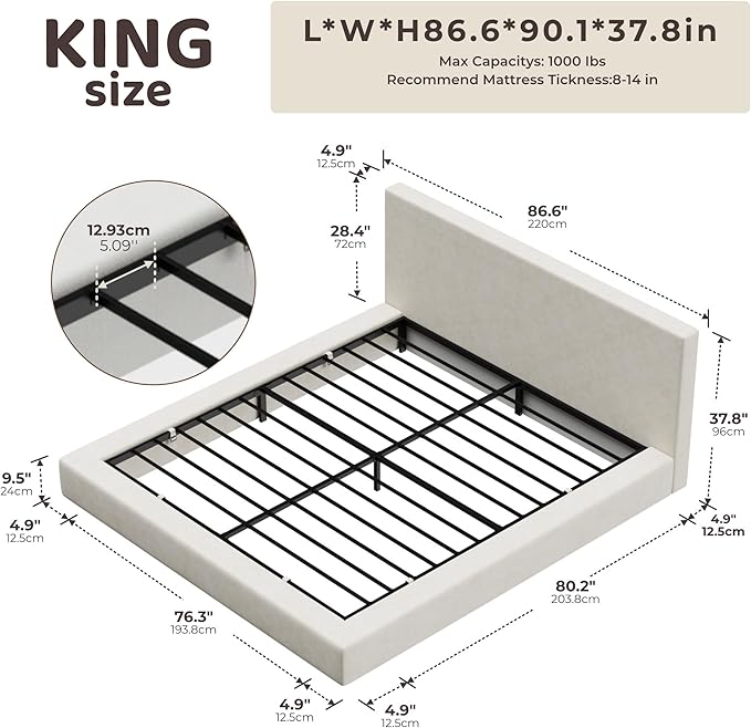 RECCI Cloud Upholstered King Bed Frame with Headboard, 5 Inch Foam Padded Platform, No Box Spring, Easy Assembly (Cream)