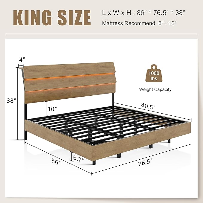 King Size Bed Frame with LED Headboard, Floating Bed Frame with Charging Station USB and V-Shaped Support, No Box Spring Needed, Noise Free, Easy Assembly, Oak