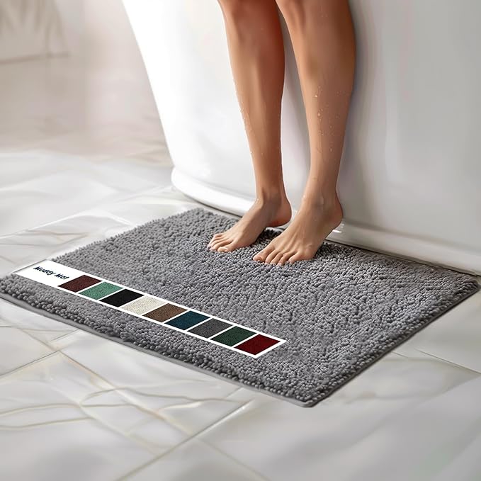 Muddy Mat Chenille Bathroom Rugs Quick Dry Microfiber Mats Non Slip Washable, Extra Thick, Soft and Highly Absorbent Bath Mats for Bathroom, Kitchen, and Shower Floor - Grey Large 35"X24"