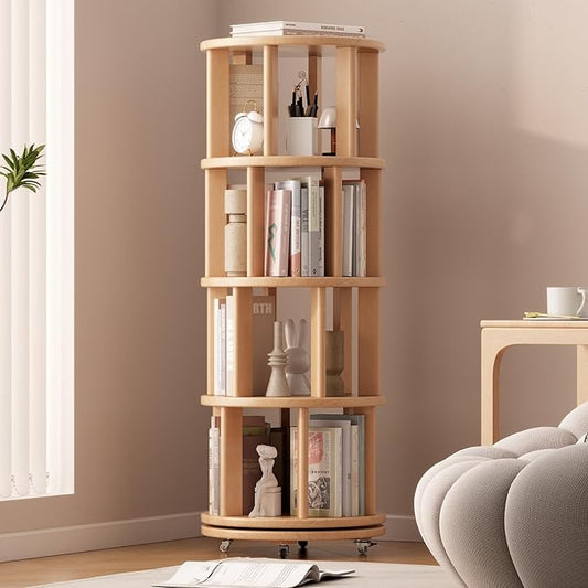 Solid Wood Rotating Bookshelf on Wheels, 4 Tier, Round Revolving Bookcase, 360° Spinning Book Shelf Tower for Kids, Narrow Rolling Bookshelves for Small Space, Corner, Bedroom, Office, Natural