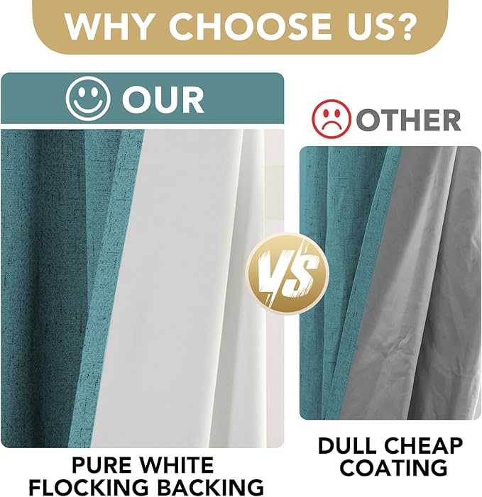 H.VERSAILTEX Primitive Linen Curtains 100% Blackout Curtain Drapes Burlap Fabric Curtains with White Thermal Insulated Liner, Grommet Top Curtain Living Room/Bedroom (2 Panels, 42 x 54 Inch, Teal)