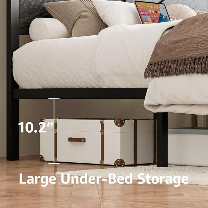 Rustic Queen Bed Frame with Storage Drawers and Barn Door Headboard, Farmhouse LED Bed Frame Queen Size with Charging Station, Metal Industrial Platform Bed Frames, No Box Spring Needed, Black