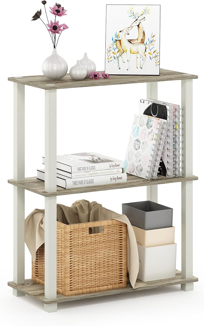 Furinno Turn-S-Tube 3-Tier Compact Multipurpose Shelf Display Rack with Square Tube, Sonoma Oak/White