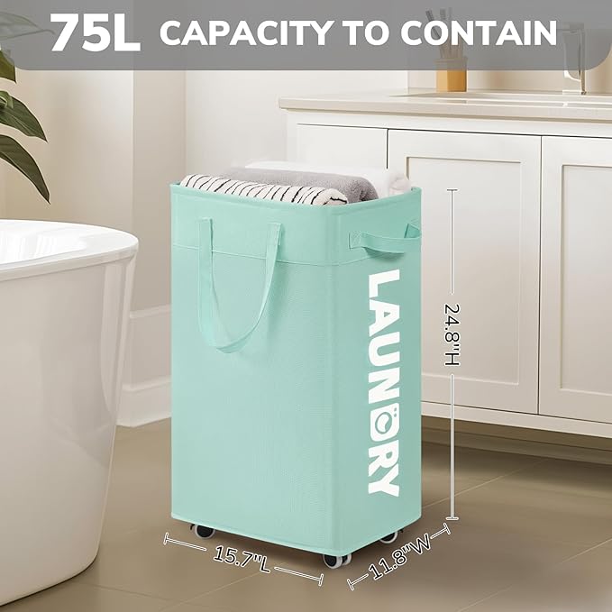 Goodpick Rolling Laundry Basket with Wheels,75L Large Collapsible Laundry Hamper with Removable Wash Bag Space for living room, Blue