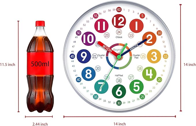 Learning Clock for Kids 14 Inch Large Learning to Tell Time Easily Colorful Teaching Time Clock Silent Non Ticking Battery Operated Decorative for Kids Room Classroom School Bedroom