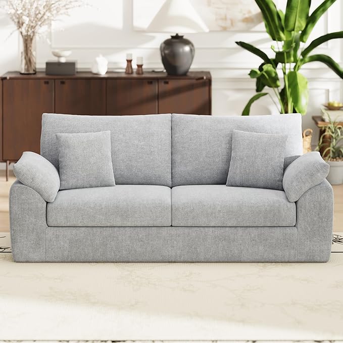 90" Boneless Loveseat Sofa, Cloud Foam Couch, 3 Seater Upholstered Midcentury Mondern Love Seat, Wide Armrest and 4 Pillows for Home Living Room/Small Spaces, No Assembly Required, Grey