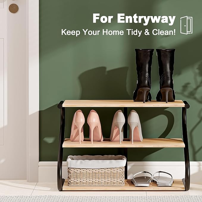 Shoe Rack, Z-Frame Wooden 3-Tier Shelf with Durable Metal Shelves, Shoe Organizer for High Heels, Hallway, Living Room, Closet, Bedroom (Natural Wood)