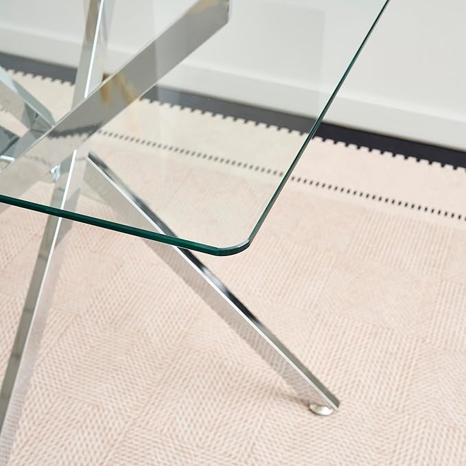 Goujxcy 5 Piece Glass Dining Table Set Modern Small Glass Dining Table Set for 4, 35.43" Square Kitchen Table and 4 Velvet Upholstered Chairs for Kitchen Dining Room, Silver & Beige