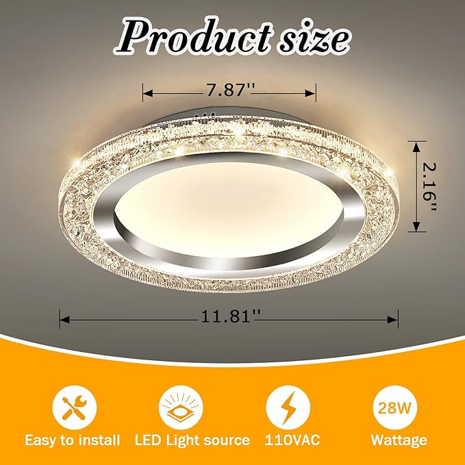 UOFUS 28W LED Flush Mount Ceiling Light Chrome 12inch Modern Round Ceiling Light Fixture 3000K-6000K Super Bright Circle Ceiling Lamp for Bedroom Kitchen Dining Room Entryway Hallway Foyer