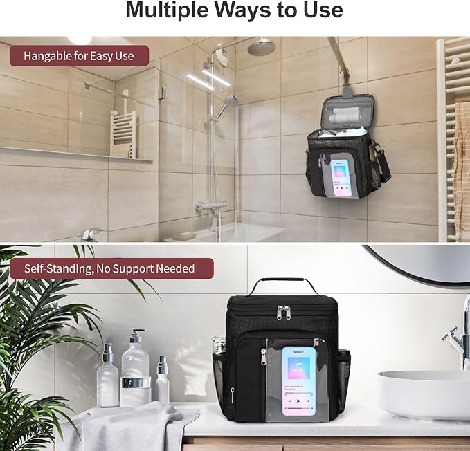 F-color Shower Caddy Portable - College Dorm Essentials for Guys with Hooks, Soft Crossbody Shoulder Strap, Multiple Pockets, Quick-Dry Shower Caddy for Dorm Travel Essentials, Black