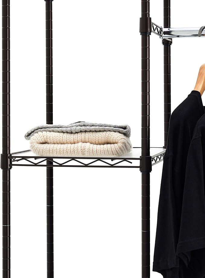 Amazon Basics Expandable Metal Hanging Closet Organizer and Storage Rack Wardrobe with Shelves, 57-80''L x 14''W x 72''H, Bronze