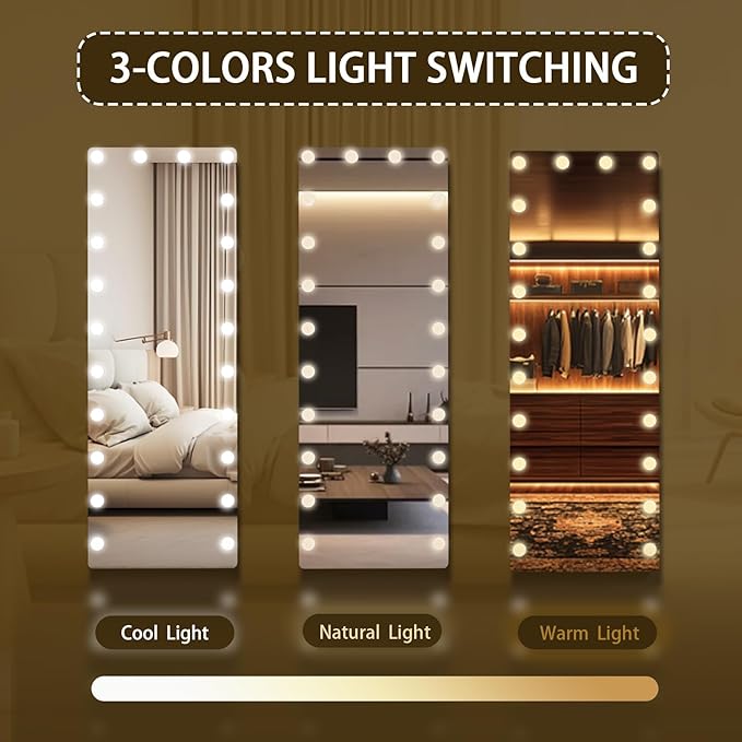 66x22 Hollywood Full Length Mirror with Light, 22 Dimmable Bulbs & 3 Color Smart Touch Control, Distortion Free, Tempered Glass & Shatter Proof Film, Safe Full Body Mirrors with Stand