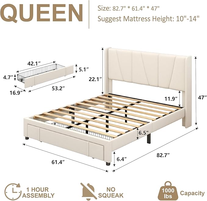 Queen Bed Frame with Storage Drawers, Upholstered Queen Size Platform Bed with 47" Tall Headboard and Wingboard, No Box Spring Needed, Noise Free, Easy Assembly, Wooden Support Slats, Beige