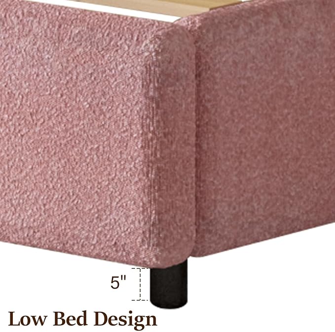 Queen Bed Frame, Upholstered Platform Bed with Headboard, Boucle Bed Frame with Round Conner, No Box Spring Required, Easy Assembly, Pink