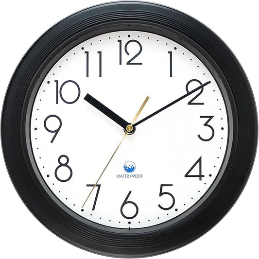 Caysie 11 Inch Sealed Indoor Outdoor Waterproof Wall Clock, Durable Silent Non-Ticking Battery Operated Quality Quartz Round Clock, Wall Decorative for Patio, Pool, Bathroom (Black)