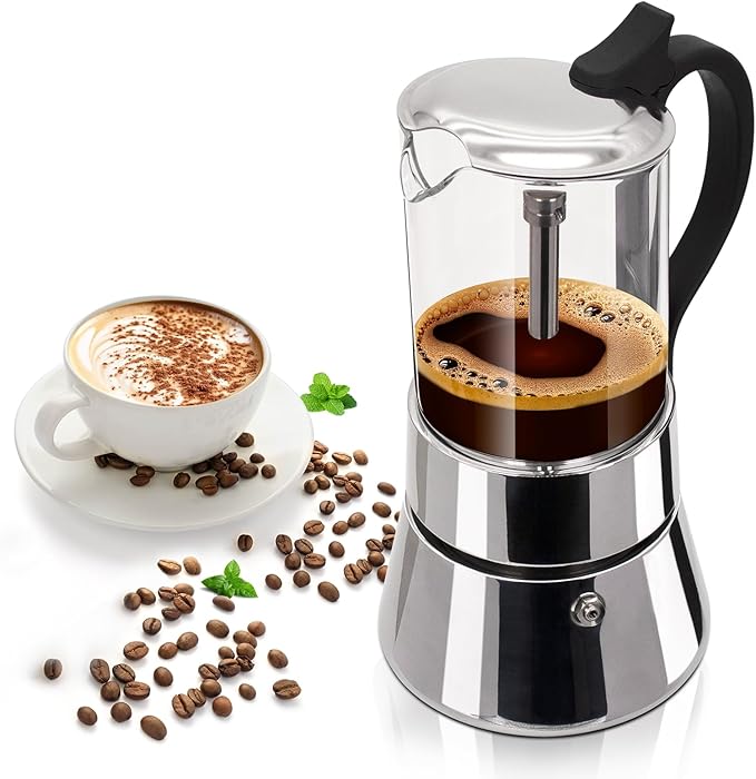 Clear Glass Moka Pot 4 Cup 220ml Stainless Steel Coffee Maker Uncoated Stovetop Espresso Percolator Coffeemaker Italian Classic Style Brewing Greca Cafe Mocha Machine for Cafeteras Camping Travel Home