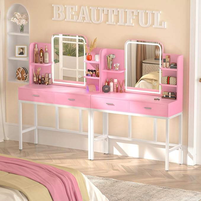 Armocity Vanity Desk with Mirror and Lights, Makeup Vanity with 2 Storage Drawers, Makeup Desk with 3 Color Lighting Options, Modern Dressing Table with Storage Shelf for Bedroom, Pink