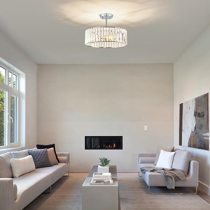 Crystal Chrome Ceiling Light, Modern Semi Flush Mount Ceiling Lighting Fixture, Round Hallway Lighting Fixtures Chandelier for Kitchen Entryway Bedroom Dining Room, 3-Light, 15.7 Inch
