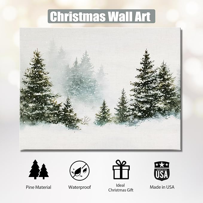 Rustic Pine Tree Christmas Canvas Wall Art - Snowy Winter Forest Landscape Framed Print for Living Room, Vintage Christmas Wall Decor, Cozy Christmas Gifts & Festive Winter Decor