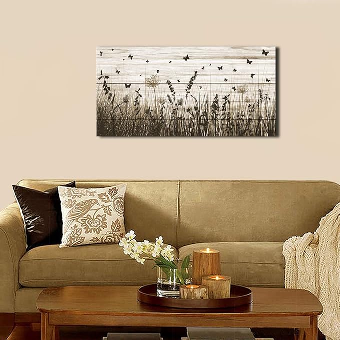 Wildflower Wall Art Autumn Canvas Picture Butterfly Grass Dandelion Artwork Vintage Wooden Board Painting Prints for Bedroom Living Room Office Home Kitchen Wall Decor Framed Ready to Hang 20" x 40"