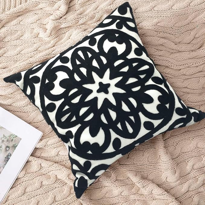 Alysheer Embroidered Decorative Throw Pillow Cover 20"x 20", Boho Mandala Modern Thick Embroidery Pattern, Durable Cotton Canvas Soft Cushion Case for Sofa Couch Bed Living Room (Black)
